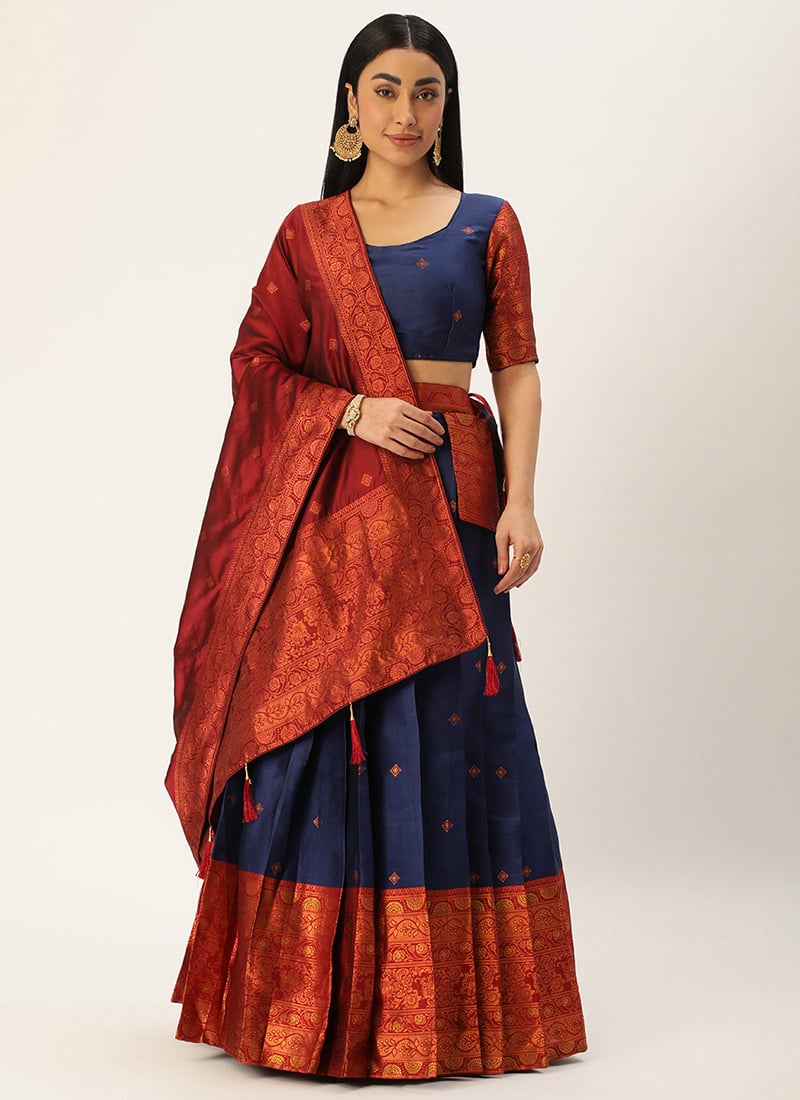 Navy Blue Jacquard SilkZari Embossed A line Lehenga Festive Wear