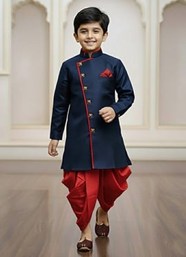 Navy Blue Jute Silk Indowestern Sherwani Kids Boys