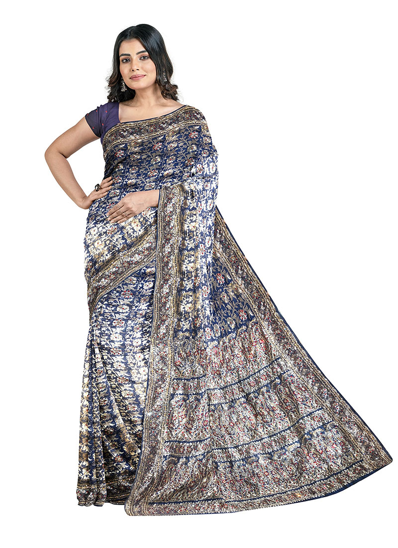 Buy Navy Blue Kanjivaram Silk Hand Work 