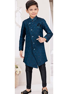 Navy Blue Kasak Zari Jacquard Banarasi Silk Sequins Kids Boys Indowestern Sherwani