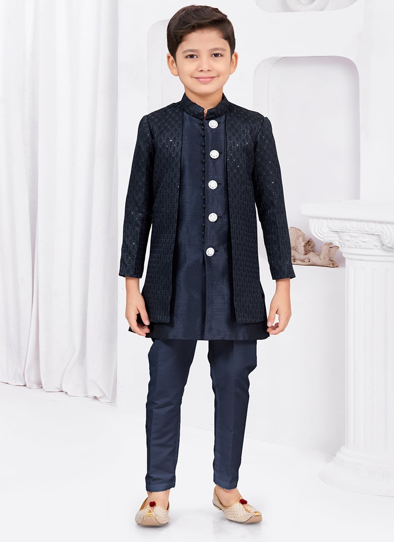 Navy Blue Kasak Zari Jacquard Banarasi Silk Sequins Kids Boys Indowestern Sherwani Wedding Wear