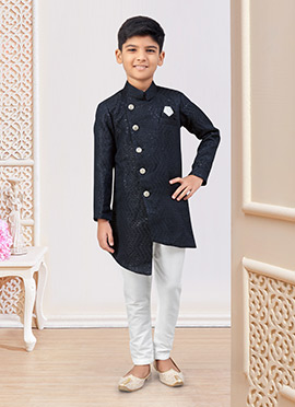 Navy Blue Kasak Zari Jacquard Embroidered Sequins Boys Indowestern Sherwani