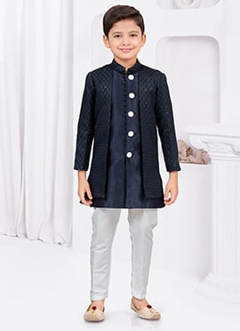Navy Blue Kasak Zari Jacquard Sequins Indowestern Sherwani Style For Boys