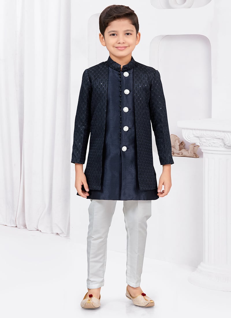 Navy Blue Kasak Zari Jacquard Sequins Indowestern Sherwani Style For Boys Wedding Wear