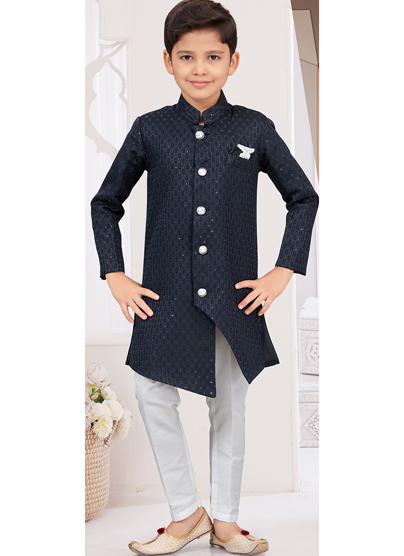 Navy Blue Kasak Zari Jacquard Sequins Kids Boys Indowestern Sherwani Wedding Wear