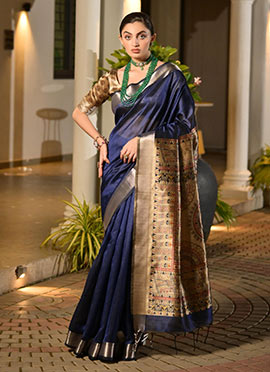 Navy Blue Khadi Raw Silk Printed With Zari Woven Saree