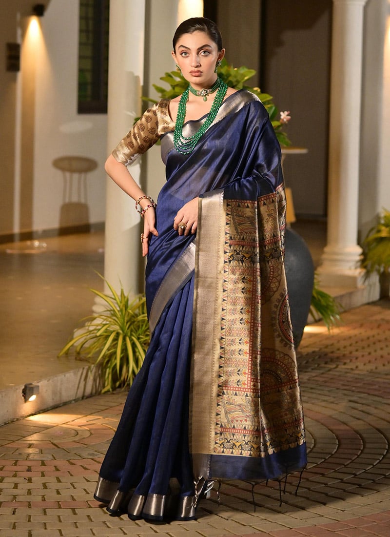 Navy Blue Khadi Raw Silk Printed With Zari Woven Saree Festive Wear
