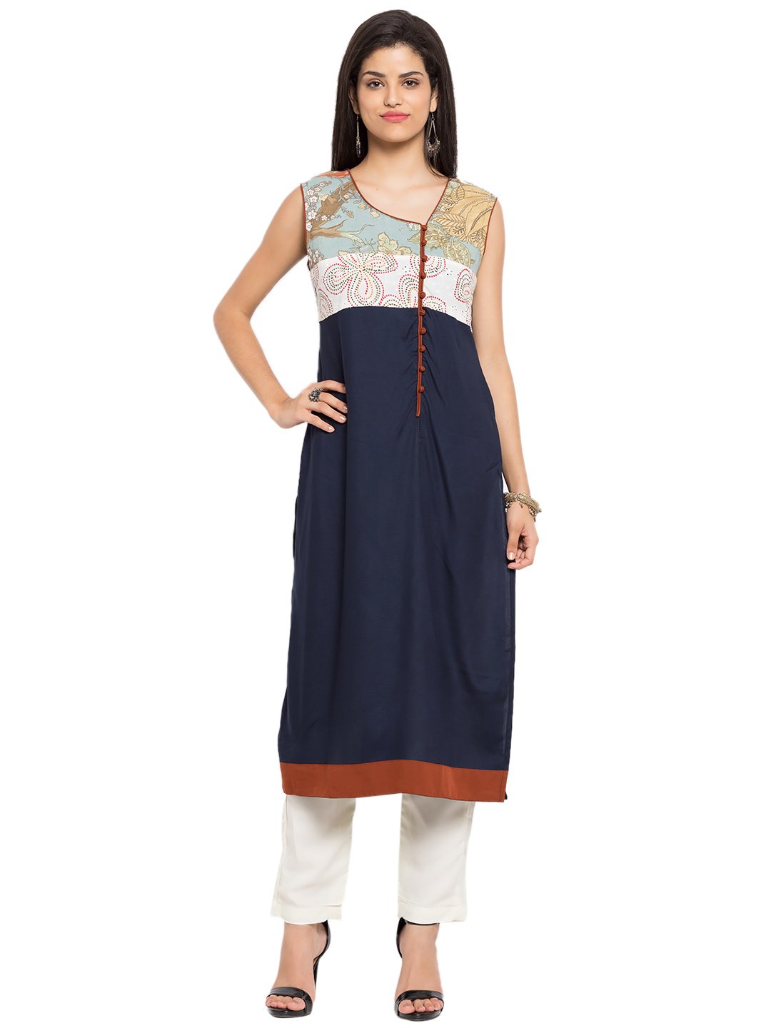 Navy Blue Knee Length Straight Kurti After Six Wear