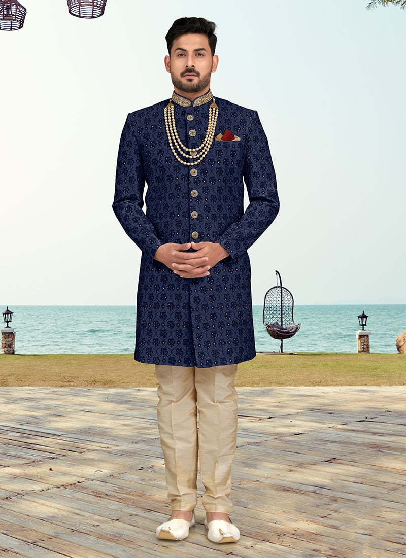 Navy Blue Kora Shine Silk Stone Work Indowestern Sherwani Wedding Wear