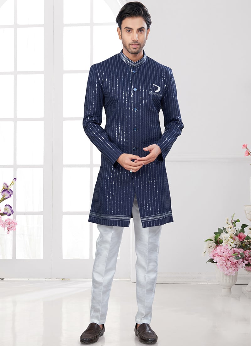 Navy Blue Kora Shine Silk Thread Embroidered Indowestern Sherwani Wedding Wear