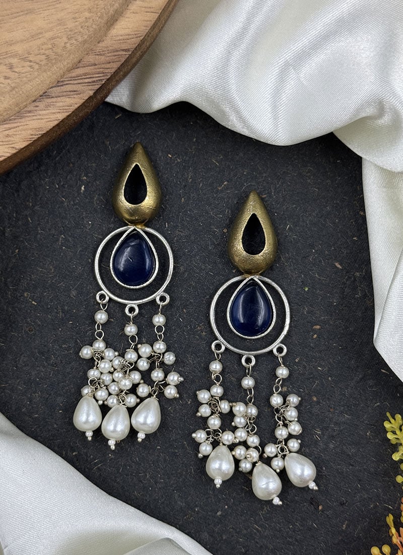 Navy Blue Kundan Bead Embellished Danglers Festive Wear