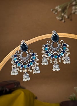 Navy Blue Kundan Beads Chaand Bali Jhumka Earrings For Women