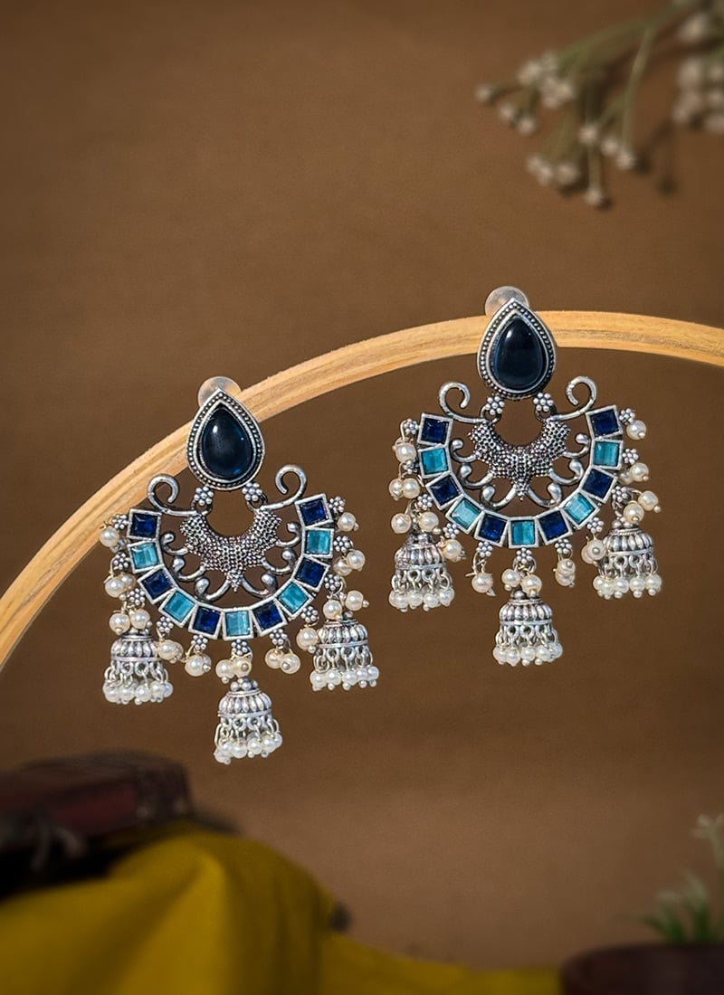 Navy Blue Kundan Beads Chaand Bali Jhumka Earrings For Women Festive Wear