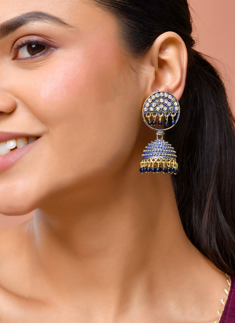 Navy Blue Kundan Beads Jhumka Festive Wear