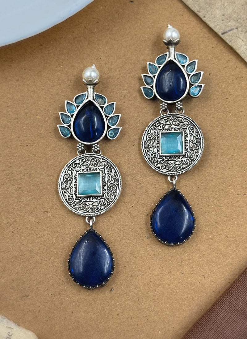 Navy Blue Kundan Long Dangle Earrings For Women Festive Wear