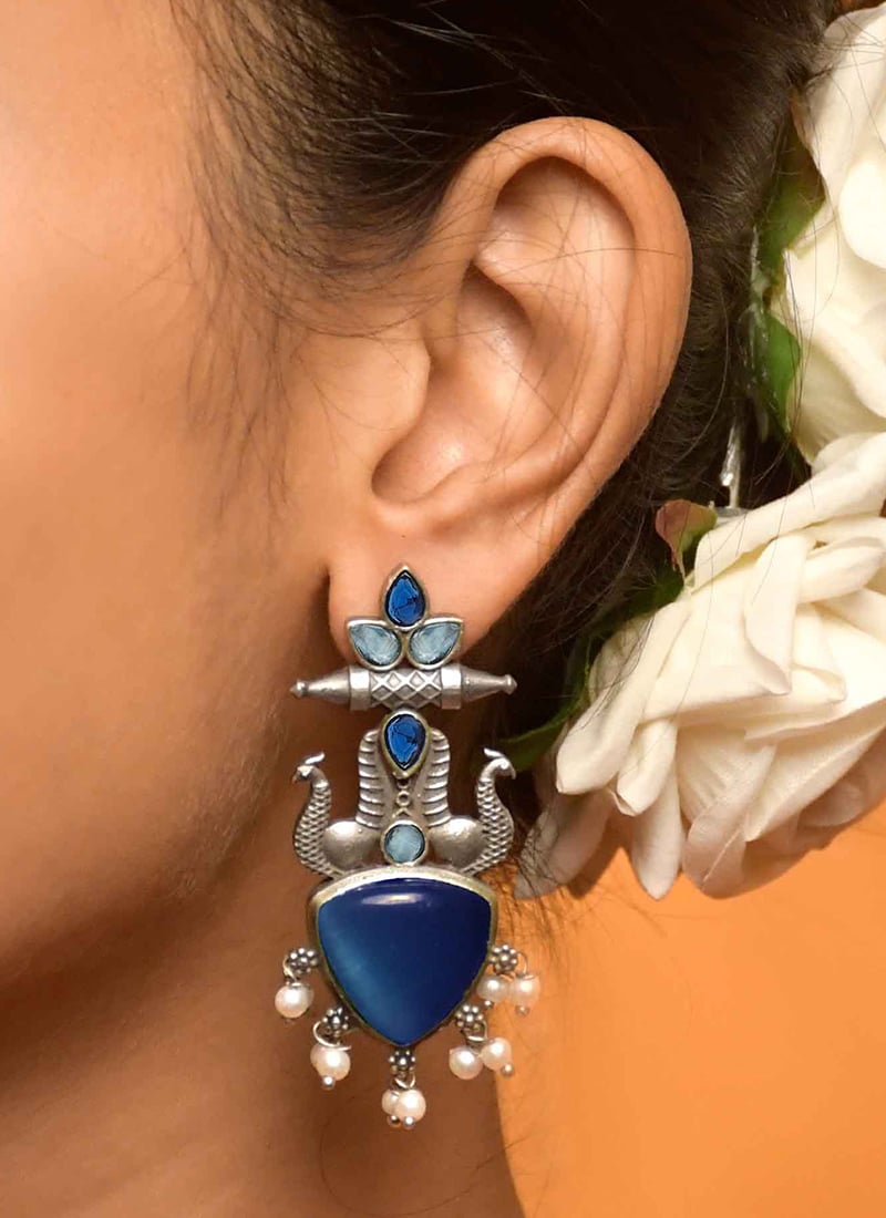 Navy Blue Kundan Motif Statement Dangler Earrings Festive Wear