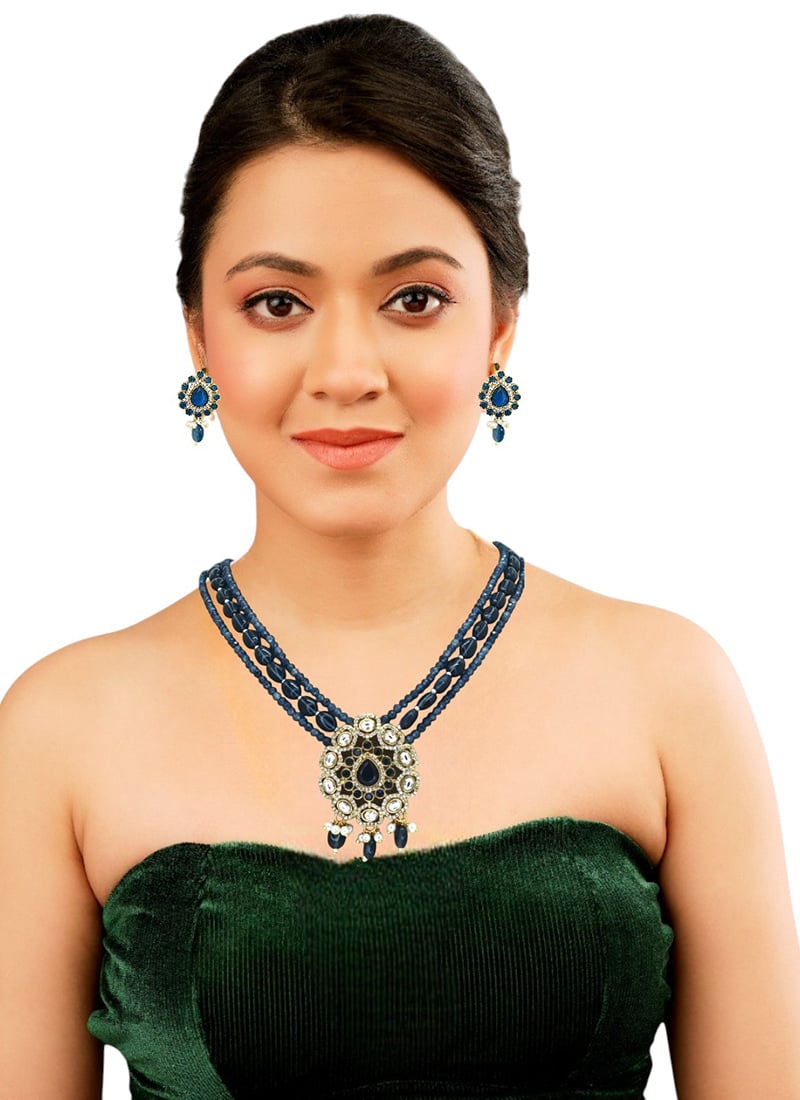 Navy Blue Kundan Stones Beads Pearl Necklace