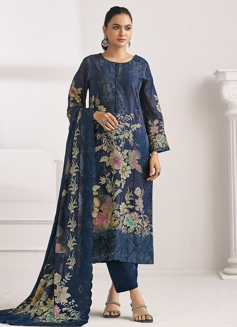 Navy Blue Lawn Cotton Digital Print Straight Pant Suit After Six Wear
