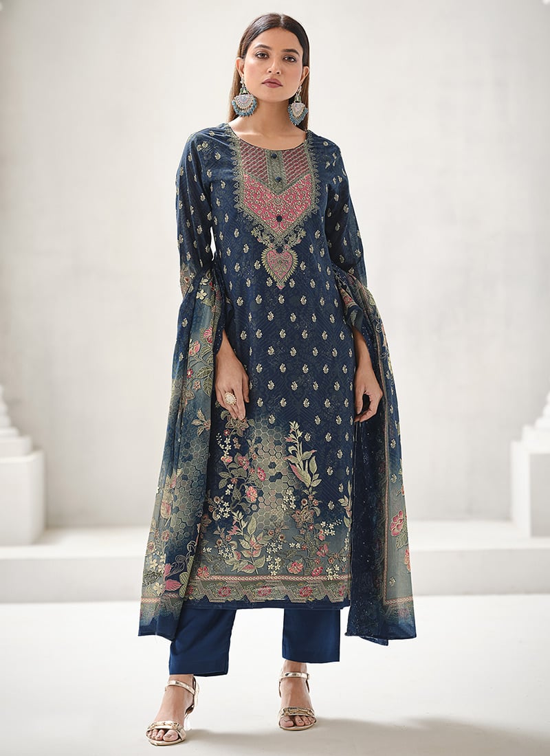 Navy Blue Lawn Cotton Digital Print Straight Pant Suit After Six Wear