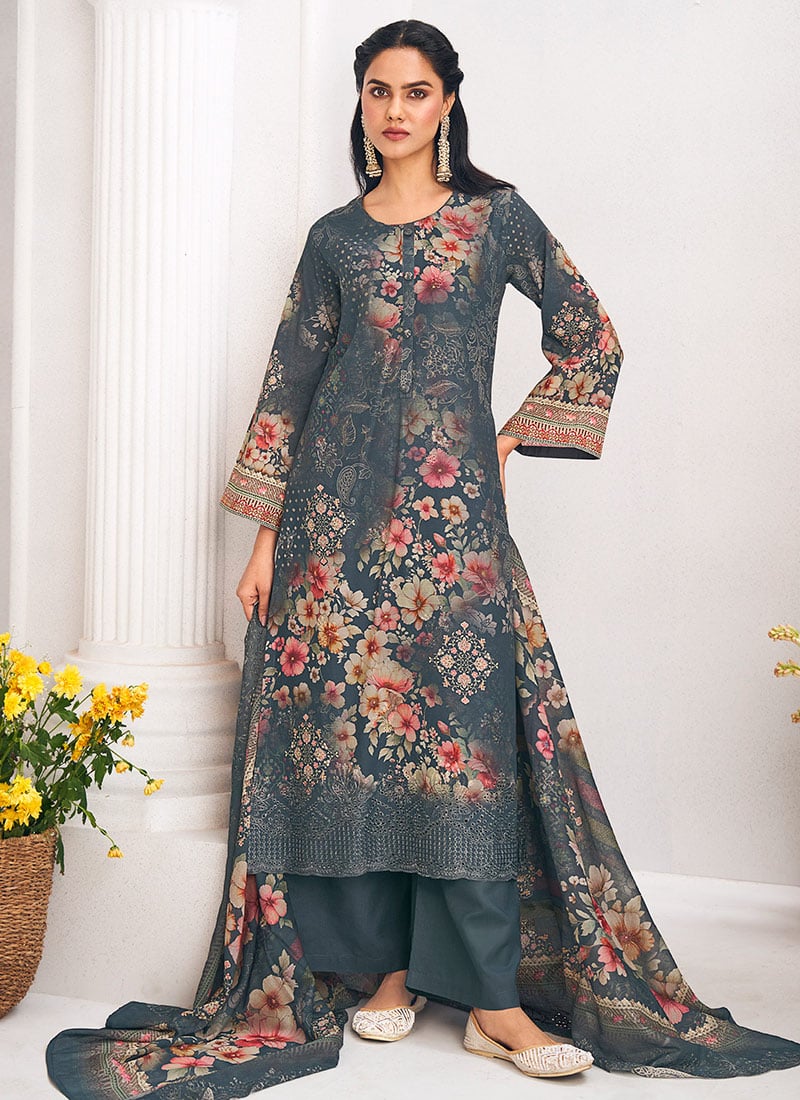 Navy Blue Lawn Cotton Digital Print Straight Pant Suit After Six Wear