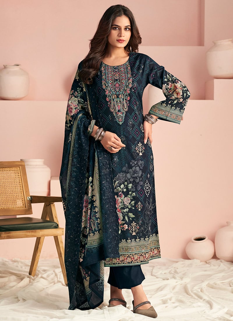 Navy Blue Lawn Cotton Digital Print Thread Straight Pant Suit After Six Wear