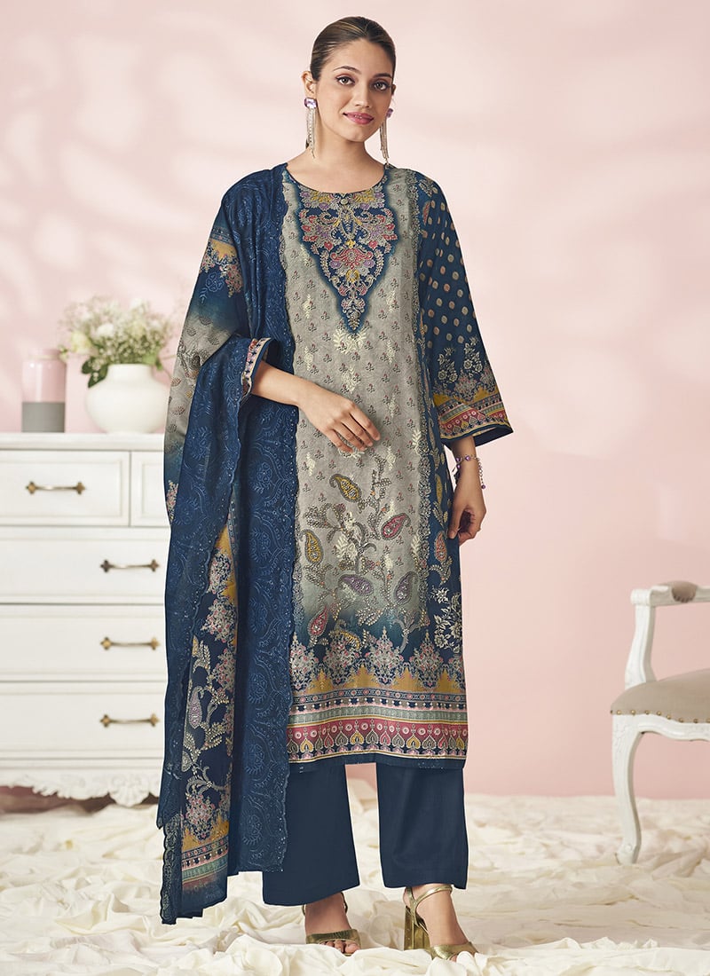 Navy Blue Lawn Cotton Embroidered And Digital Print Pakistani Suit Festive Wear
