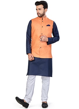 Navy Blue Linen Blend Kurta Pyjama With Jacket