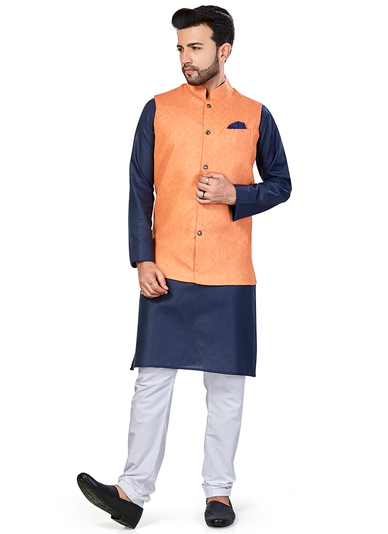 Navy Blue Linen Blend Kurta Pyjama With Jacket