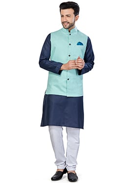 Navy Blue Linen Blend Kurta Pyjama With Jacket