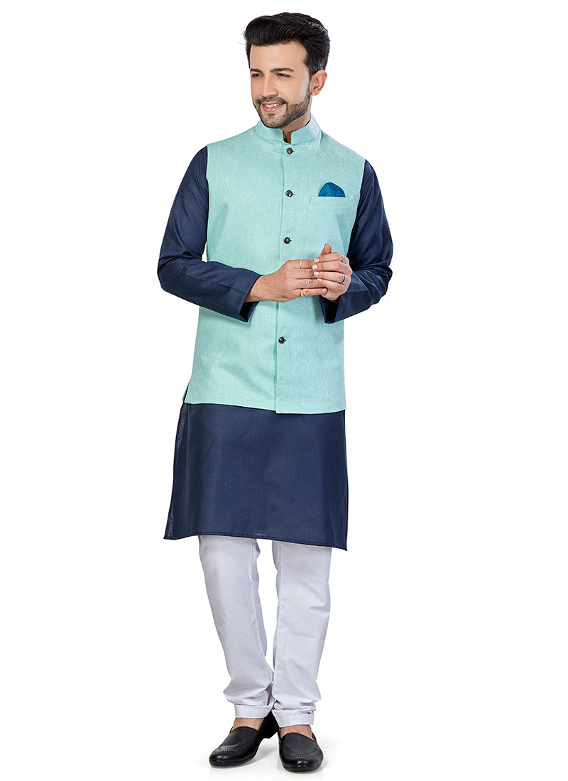 Navy Blue Linen Blend Kurta Pyjama With Jacket