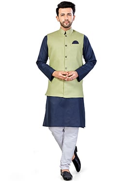 Navy Blue Linen Blend Kurta Pyjama With Jacket