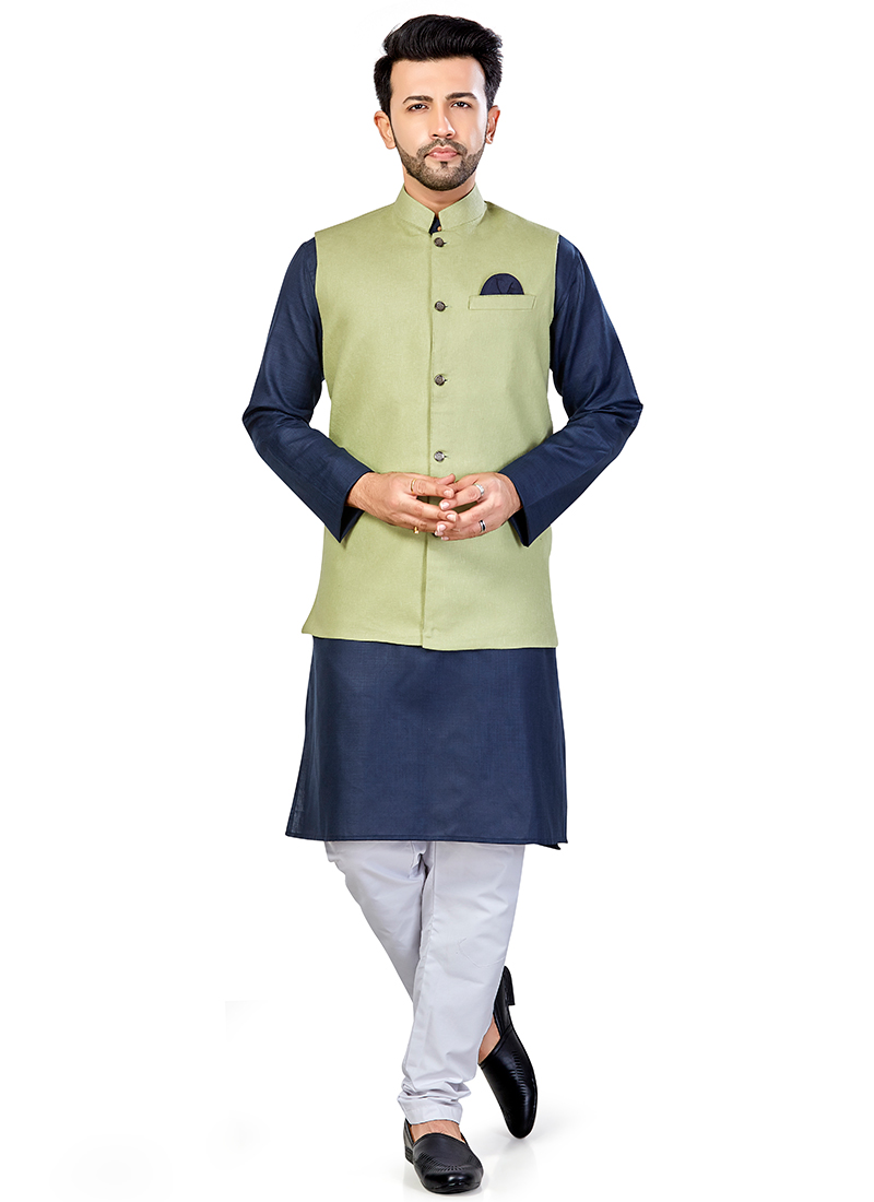 Navy Blue Linen Blend Kurta Pyjama With Jacket