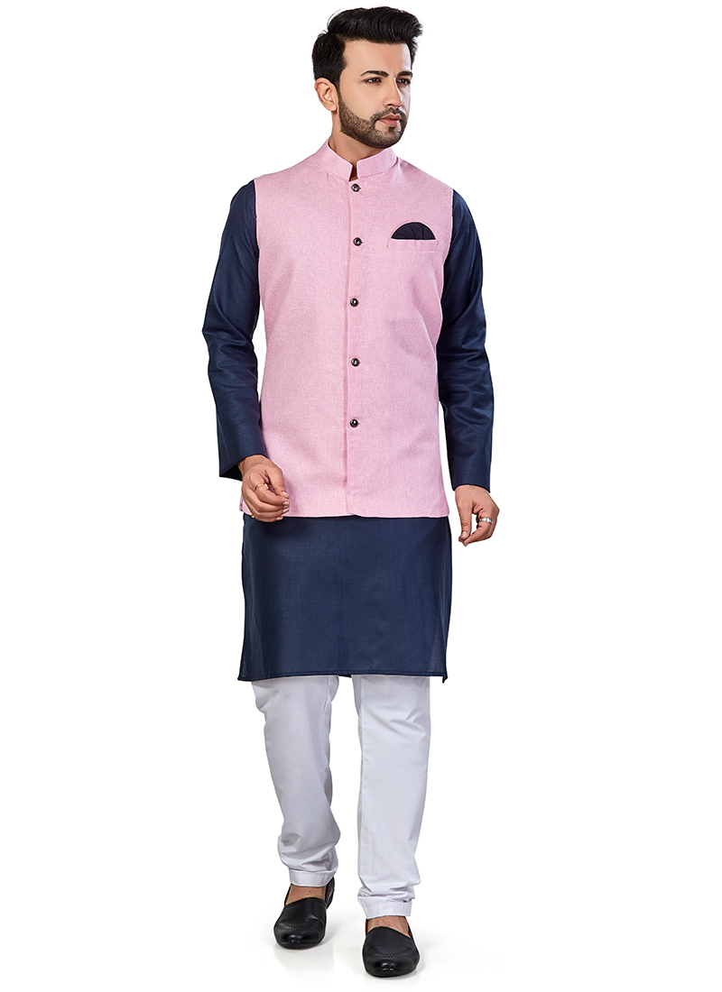 Navy Blue Linen Blend Kurta Pyjama With Jacket