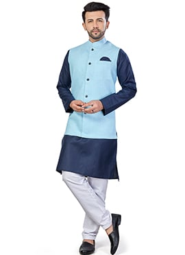 Navy Blue Linen Blend Kurta Pyjama With Jacket