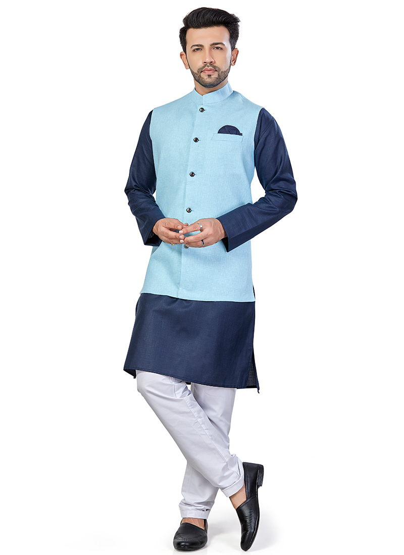 Navy Blue Linen Blend Kurta Pyjama With Jacket