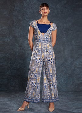 Navy Blue Linen Digital Print Indowestern Jump Suit