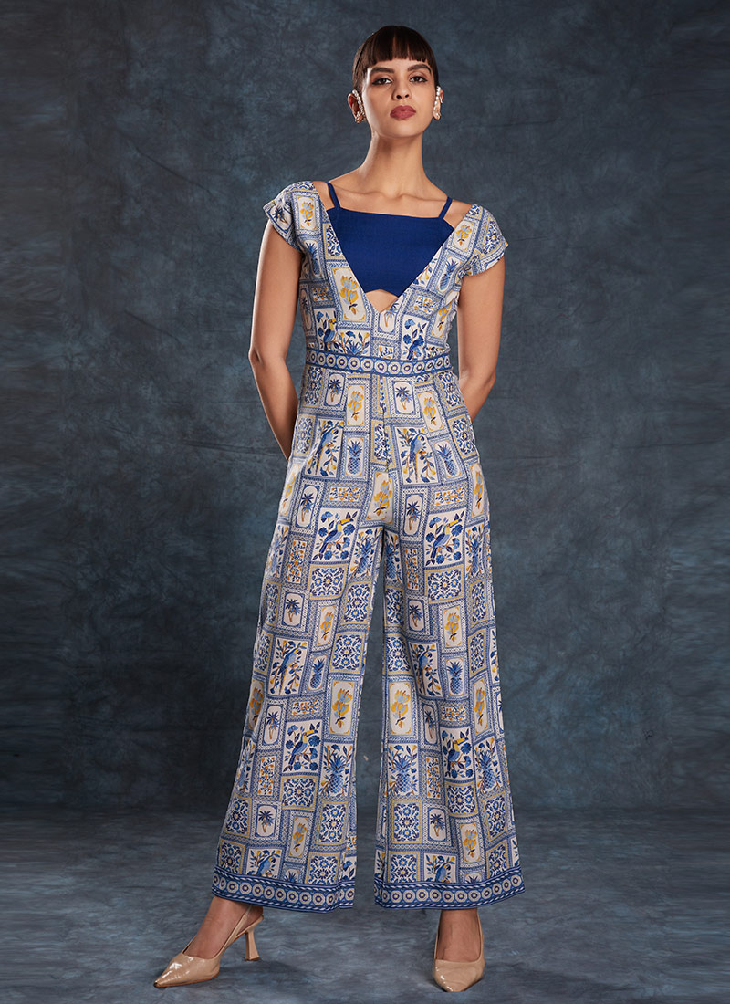Navy Blue Linen Digital Print Indowestern Jump Suit