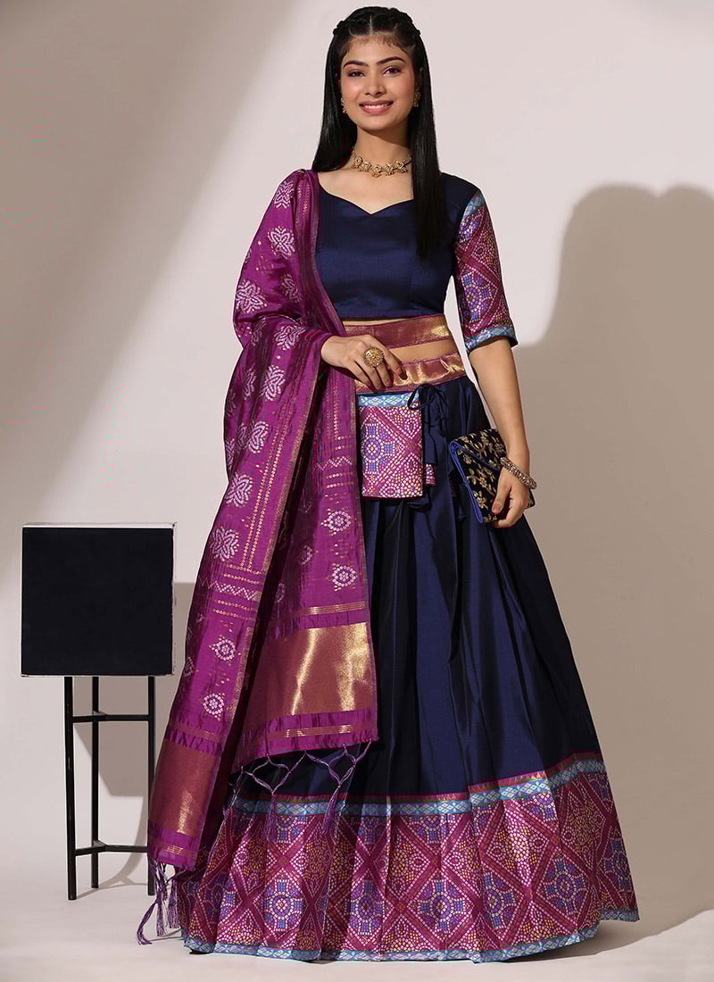 Navy Blue Litchi Silk Zari Bandhini Print Lehenga For Festive Moments Festive Wear