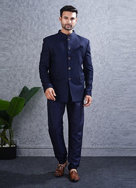 Navy Blue Lucknowi Silk Bandhgala Jodhpuri Suits