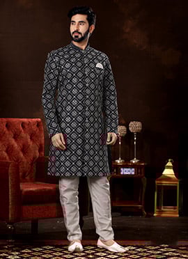 Navy Blue Lucknowi Silk Embroidered Classic Sherwani