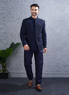 Navy Blue Lucknowi Silk Hand Embroidered Bandhgala Jodhpuri Suits