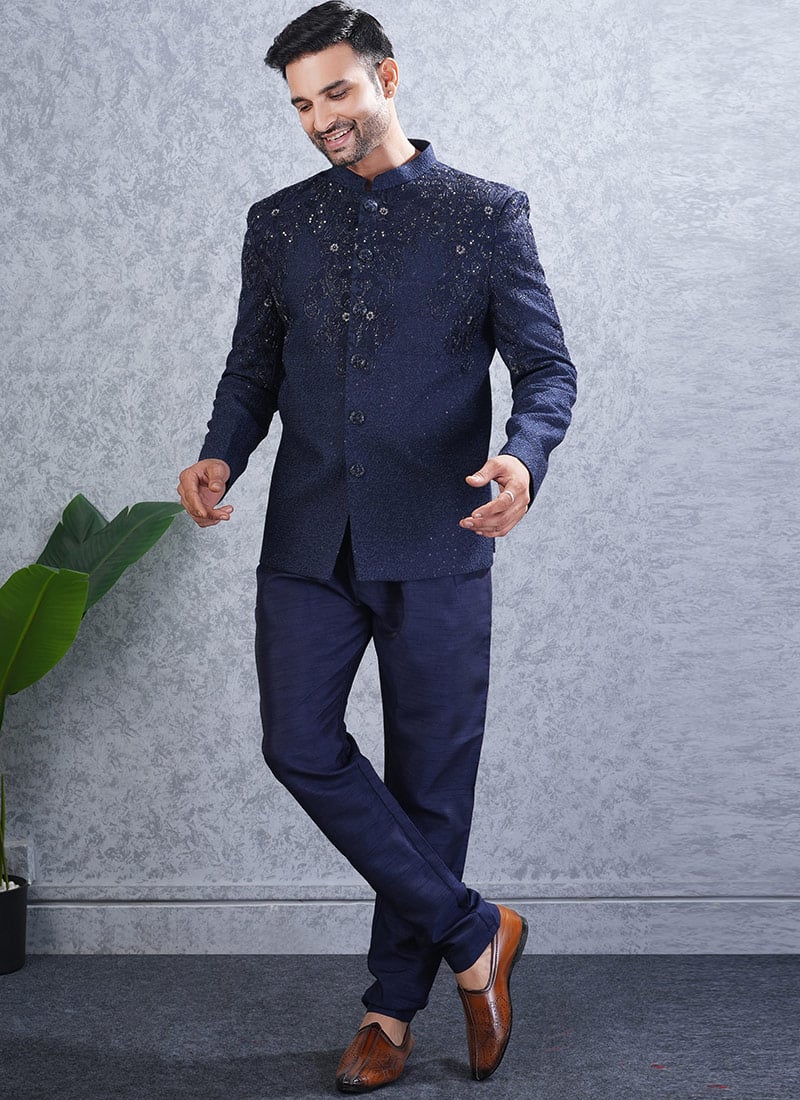 Navy Blue Lucknowi Silk Hand Embroidered Bandhgala Jodhpuri Suits