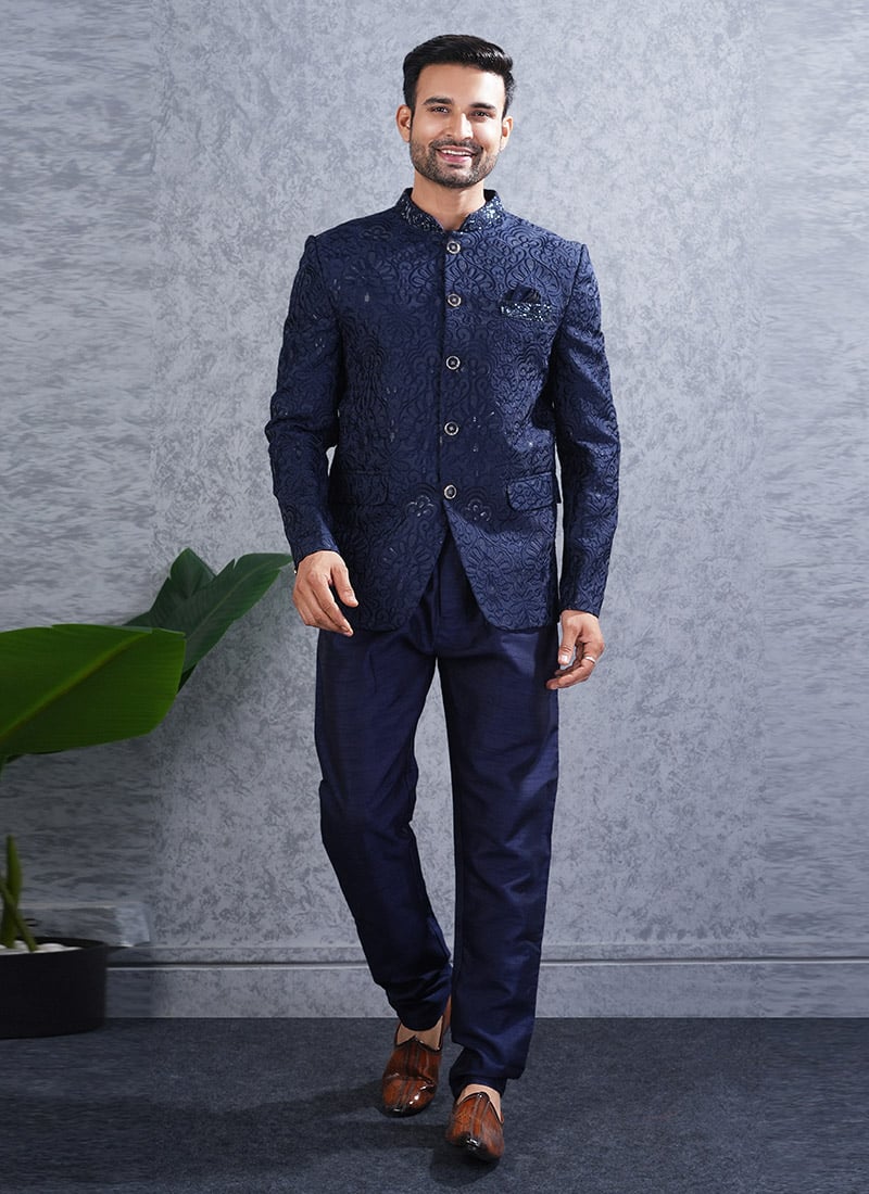 Navy Blue Lucknowi Silk Sequins Bandhgala Jodhpuri Suits