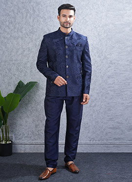 Navy Blue Lucknowi Silk Sequins Bandhgala Jodhpuri Suits
