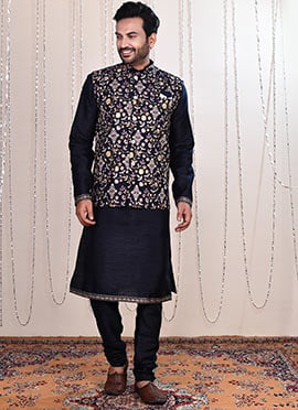 Navy Blue Silk Zari Embroidered Bandi Set For Men