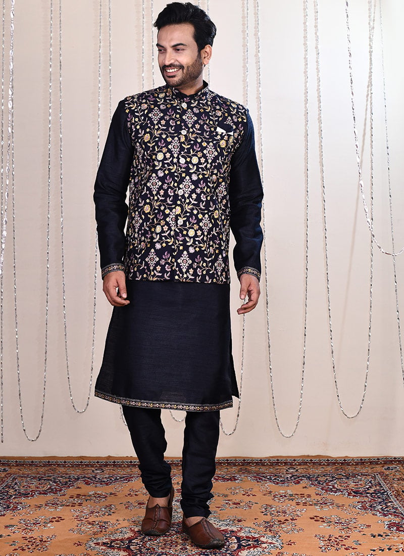 Navy Blue Malai Silk Zari Embroidered Bandi Set For Men Festive Wear