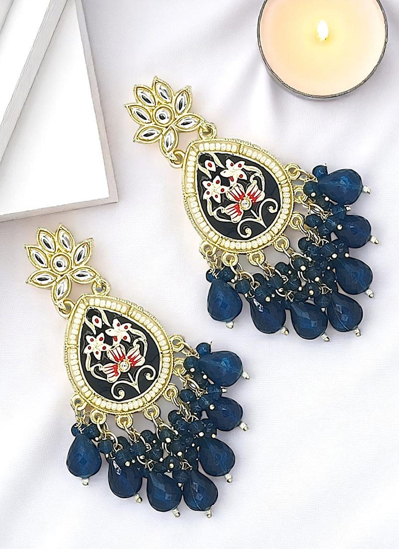 Navy Blue Meenakari Beads Kundan And Moti Adorned Danglers Festive Wear