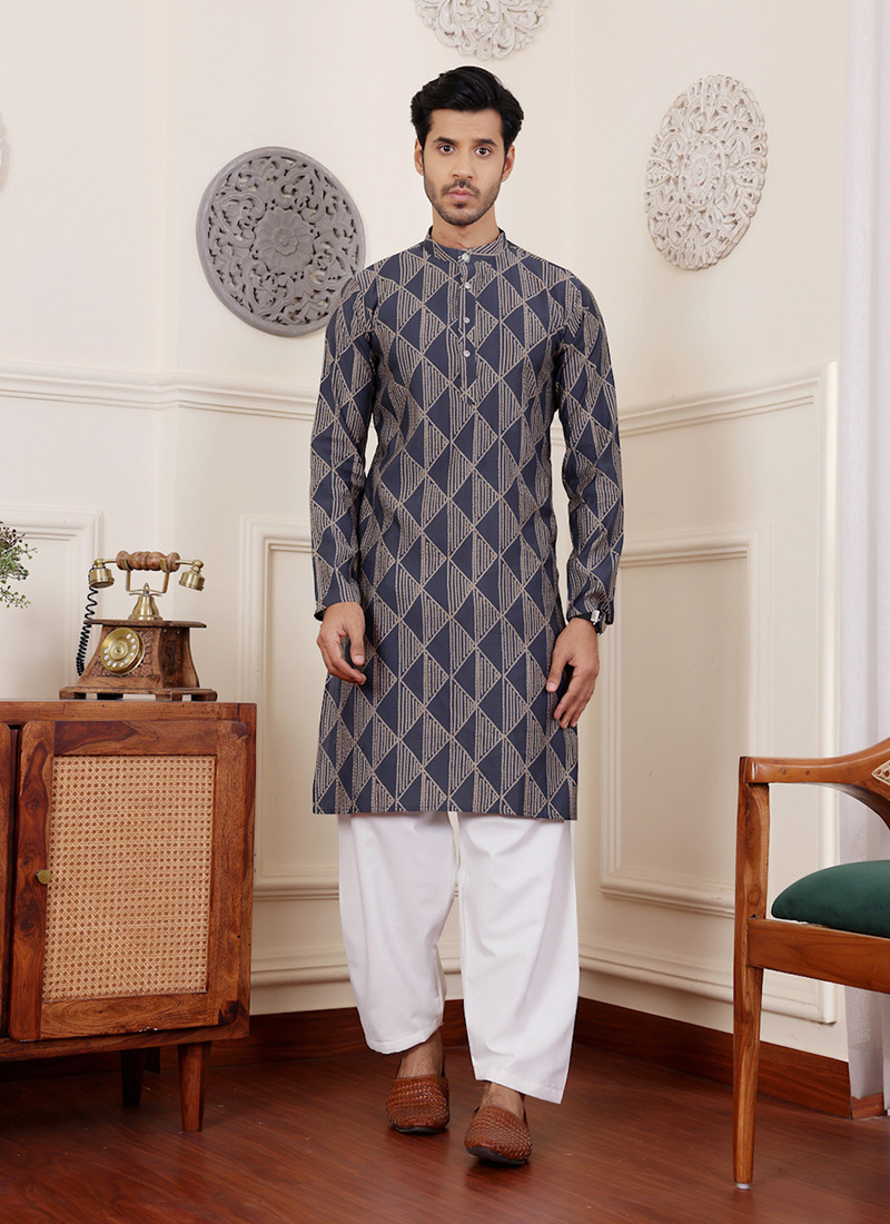 Navy Blue Modal Silk Printed Kurta