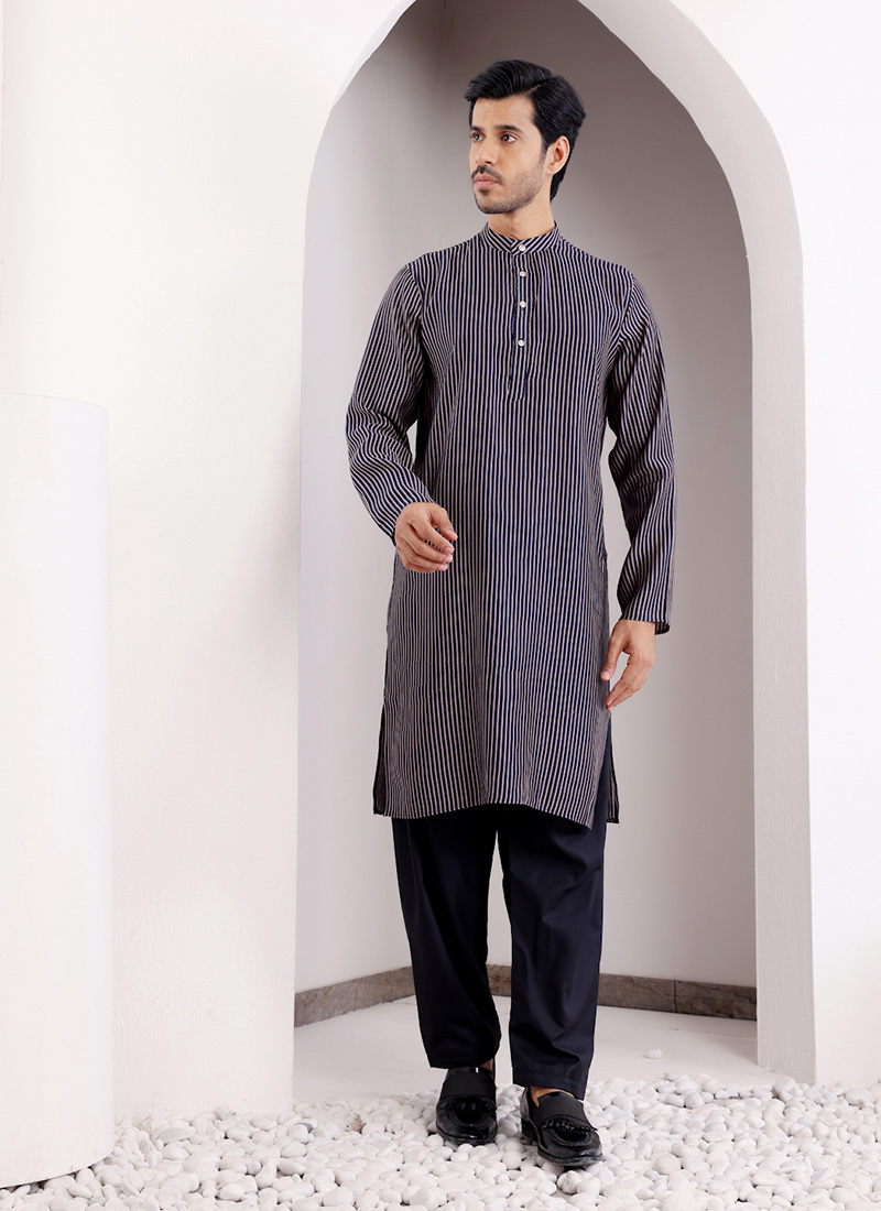 Navy Blue Modal Silk Printed Kurta