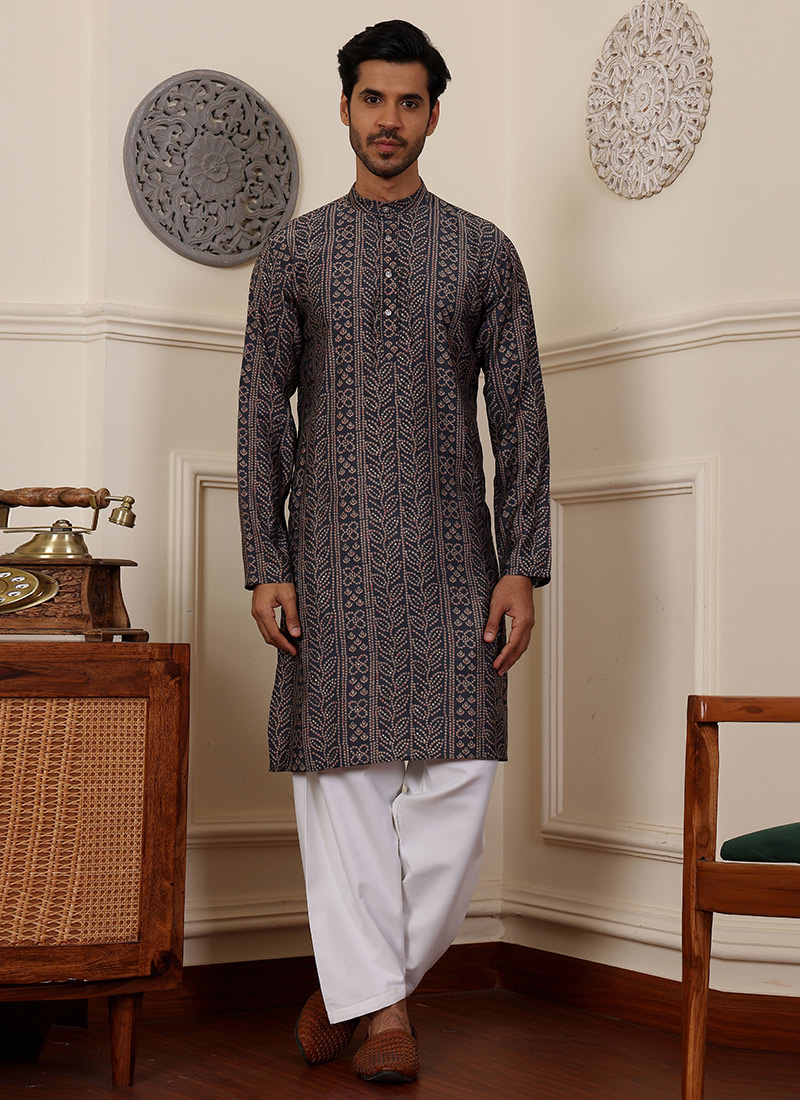 Navy Blue Modal Silk Printed Kurta